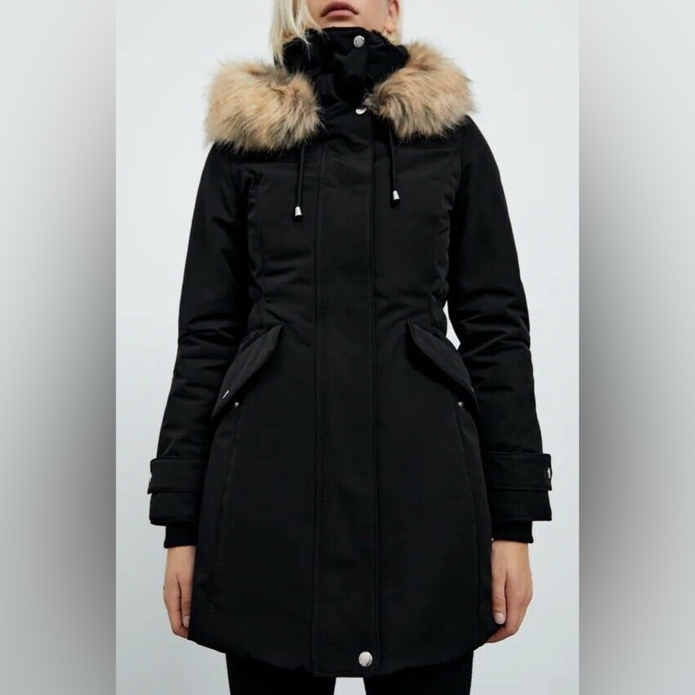 Zara Black Jacket/Coat Faux Fur Lined & Hood Trim Zipper Snap Pockets Parka